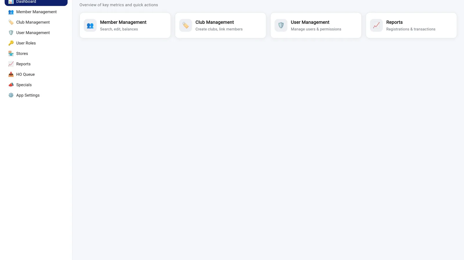 Head office console dashboard with member, club and user management