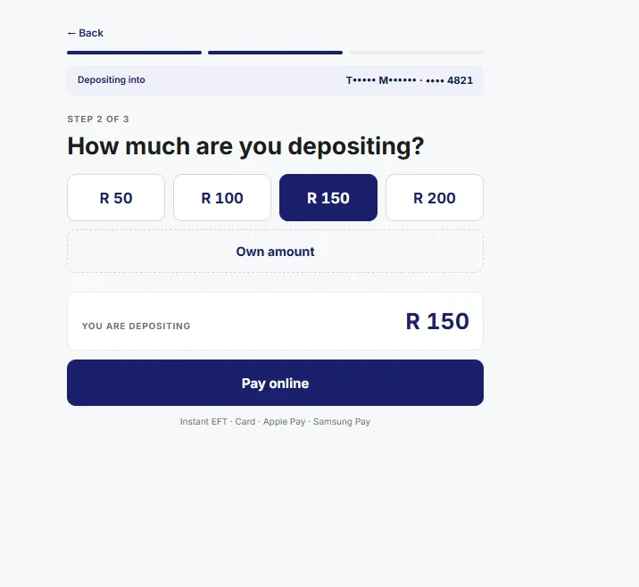 The online deposit flow: choosing an amount to top up a savings card