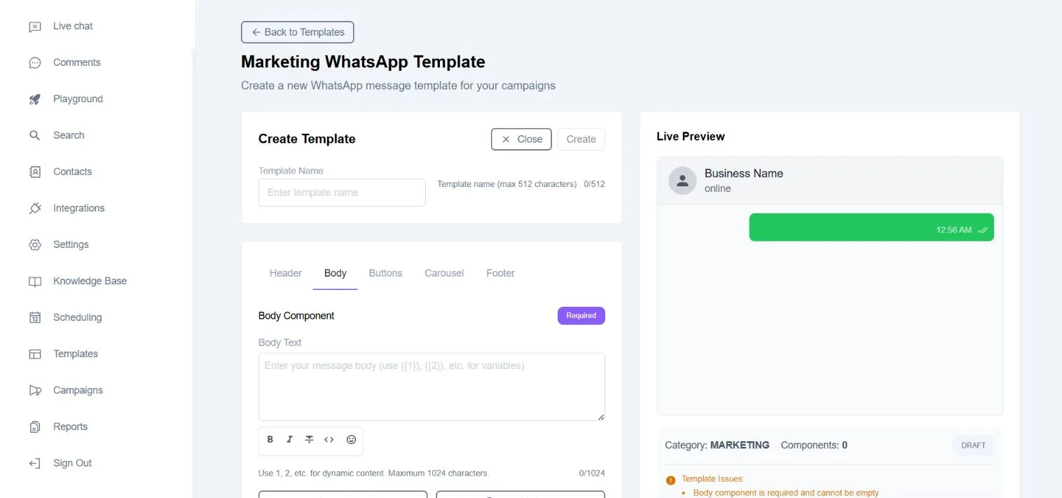 Composing a new WhatsApp template against a live preview